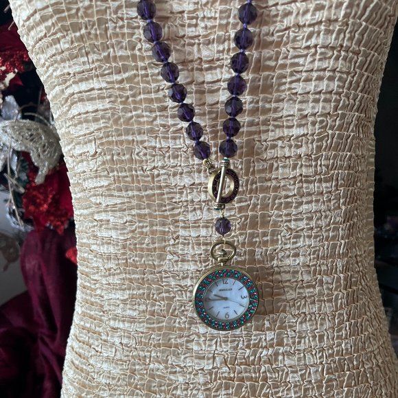 Heidi Daus multi color stone pendant that flips over to a functional timepiece - Picture 2 of 6